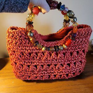 Cappelli Red Woven Handbag with Beaded Handles